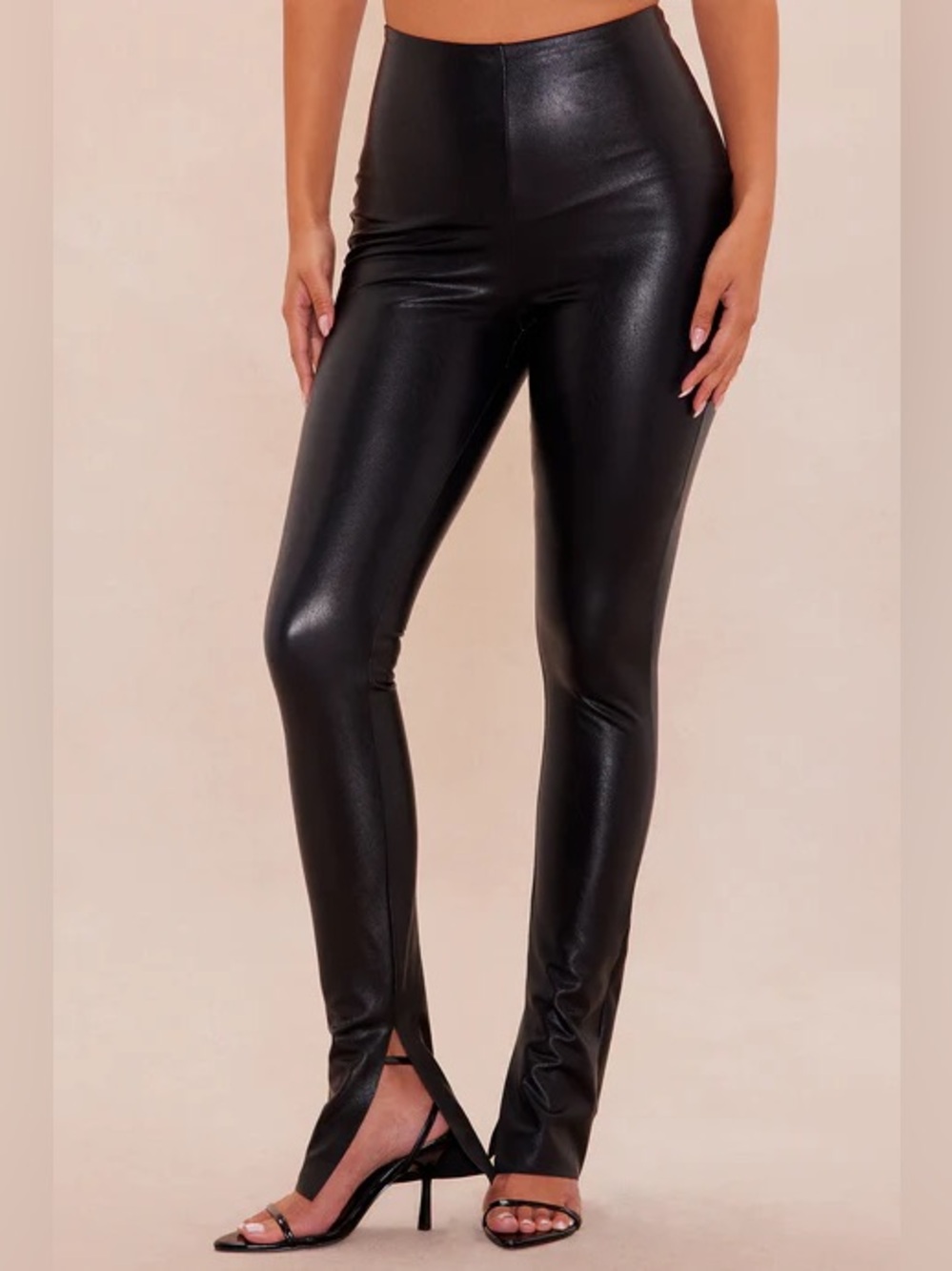 Fashion Nova Luxe “Xena”High-Waist Black Faux Leather Leggings with side Slit